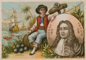 Hombre en Brasil sosteniendo un retrato de Duguay-Trouin de French School