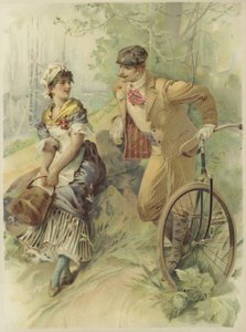Hombre en bicicleta haciendo proposiciones a una doncella (cromolito)