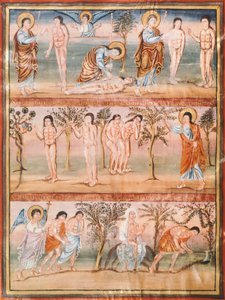 Página de manuscrito representando episodios de la vida de Adán y Eva: creación de Adán y Eva, el pecado original, expulsión del Paraíso de French School