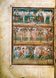 Página de manuscrito representando episodios de la vida de Adán y Eva: creación de Adán y Eva. El pecado original. Expulsión del Paraíso (miniatura) de French School