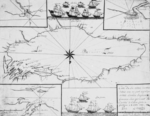 Mapa del Lago Ontario con las flotas inglesa y francesa de French School