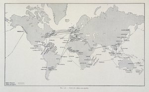 Mapa de cables submarinos en todo el mundo - en "A través de la electricidad" por G. Davy de French School