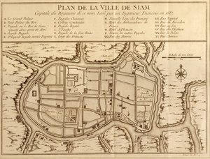 Mapa de la ciudad de Siam, capital del reino del mismo nombre según un levantamiento realizado por un ingeniero francés en 1687, publicado en la edición de 1751 de Histoire Generale des Voyages por Antoine Prevost