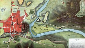 Mapa del país de Lourdes en 1858, año de las visiones de Bernadette Soubirous: muestra la ubicación de su casa y la cueva. Altos Pirineos (65). Cromolitografía en "Notre Dame de Lourdes" por Henri Lasserre de French School