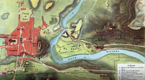 Mapa del país de Lourdes en 1877: muestra la ubicación de la casa de Bernadette Soubirous, la cueva donde habría visto a la Virgen María, así como la basílica, los conventos de las Carmelitas y Benedictinas, y el Palacio Episcopal. Altos Pirineos de French School