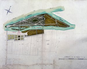 Mapa del jardín de Moulin Joly. Placa del atlas de planos del territorio de Colombes (1780), conservado en los Archivos Nacionales de French School