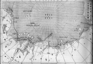 Mapa del viaje del "Vega" trazado por el explorador Nils Adolf Erik (Eric) Barón Nordenskjold (Nordenskiold) (1832-1901). En 1878 Nordenskjold pasó del Océano Atlántico al Océano Pacífico a lo largo de la costa de Siberia. Grabado en "Le Monde Illustré"