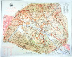 Mapa que muestra la extensión del trabajo durante el período de desarrollo de Haussmann en París de 1854-71, 1871