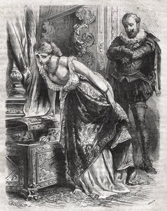 Margarita de Valois (1553-1615), conocida como Reina Margot, esconde a Julien de Leris, su amante, en una caja fuerte. Su esposo, el Rey Enrique IV de Francia (1553-1610), observa la escena con diversión. Siglo XVI. Grabado de 1871 en “Histoire Des Cocuses de French School