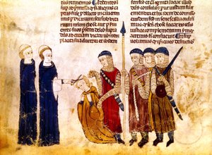 Margarita de Borgoña (1290-1315), esposa del rey francés Luis X, se corta el pelo por adulterio (vitela)