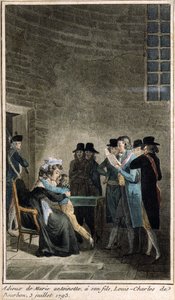 Marie-Antoinette (1755-1793) se despide de su hijo el Delfín, Louis-Charles de Bourbon (1785-1795) en el Templo, 3 de julio de 1793 de French School