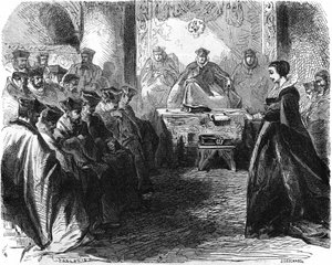 María Estuardo (1542-1587) durante su juicio en 1587. En “Histoire de la France”, grabado del siglo XIX.