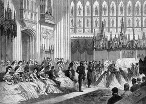 Matrimonio del Príncipe de Gales (1841-1910), futuro Rey de Inglaterra Eduardo VII, con la Princesa Alexandra de Dinamarca (1844-1925) celebrado el 10 de marzo de 1863 en Windsor, Inglaterra. Grabado en “Le Monde Illustré” n°310 del 21 de marzo de 1863
