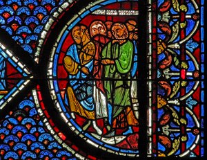 La ventana de María Magdalena: personas asistiendo a la resurrección de Lázaro de French School