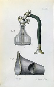 Máscara para administrar éter para anestesiar a un paciente, de un manual médico por Jean-Baptiste-Leon Dubreuil de French School