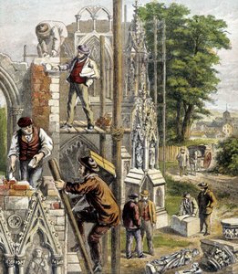 Albañiles en el sitio de construcción de una catedral - en “Tienda de los niños pequeños”, “Los oficios”, Hachette, circa 1900