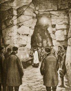 Misa antes de la batalla en las cuevas francesas, 1914-19 de French School