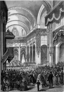 Misa de Todos los Santos celebrada en la iglesia de Saint Nicolas du Chardonnet en París, decorada como San Pedro de Roma para la canonización de los mártires de Japón. 1862. Grabado en “Le Monde Illustré” n°291 del 8 de noviembre de 1862.