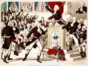 Maximiliano Robespierre en la Convención (Sesión del 19 de Thermidor 1794), Jean Lambert (Jean-Lambert) Tallian amenaza a Robespierre con un cuchillo - Grabado popular de la época de French School