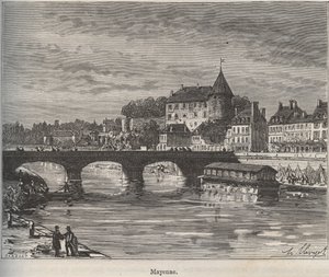 Mayenne es una comuna en el oeste de Francia en la región de Países del Loira - grabado en “La France illustree: geographie, histoire, administración statistique” por V.-A. Malt-Brown. 1884 de French School