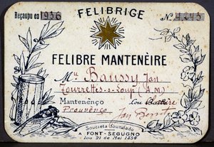 Tarjeta de membresía de Jan Baussy en el Felibrige, Asociación Felibre de French School