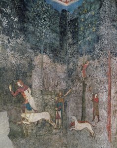 Hombres cazando con perros, (detalle) de La Chambre du Cerf (Sala del Ciervo) 1343 de French School