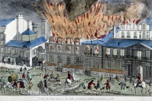 Hombres intentando apagar el fuego de la ópera de París en 1763. de French School