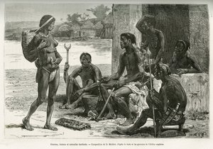 Hombres, mujeres y utensilios (región de Bihe, Ruanda). Grabado de D.Maillart, para ilustrar el relato Cómo crucé África, del Océano Atlántico al Océano Índico, del comandante Serpa Pinto, en 1877-1878, publicado en el Tour du monde, bajo la dirección de E de French School