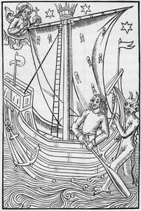 Barco mercante de la Edad Media en medio de los peligros del mar. Grabado en “La Marine et les colonies: commerce” de French School