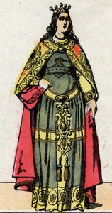 Dinastía merovingia: Retrato de la reina Clotilde esposa de Dagoberto III (699-715). Imagen de Épinal de finales del siglo XIX. Colección privada. de French School