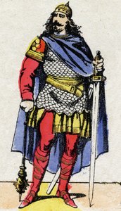 Dinastía Merovingia: Retrato de Carlos Martel (v. 688-741) mayordomo de palacio de 737 a 741. Imagen de Épinal de finales del siglo XIX. Colección privada. de French School