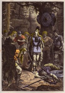 Merovingios: Clovis I derribando al soldado que rompió el vaso de Soissons, en 486 - Clovis (465-511) y el guerrero franco que rompió el Vaso de Soissons en 486 - grabado de "L