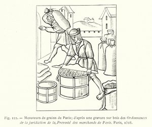 Medidores de granos de París; según un grabado en madera de las Ordenanzas de la jurisdicción de la Prevosté de los comerciantes de París, París de French School
