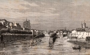 Metz - vista del puerto Saint-Georges - Moselle - grabado en “La France illustrée: géographie, histoire, administration statistique” por V.A. Malt-Brown. 1884 de French School