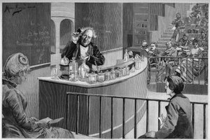Michel Eugene Chevreul (1786-1889) dio su curso de química en el anfiteatro del Museo de Historia Natural en París, en “El Mundo Ilustre” 1886. de French School