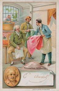 Michel Eugene Chevreul, químico francés (1786-1889), inspeccionando algunos tintes nuevos de French School