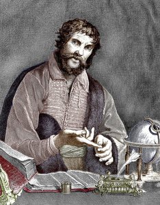 Michel de Nostredame, alias Nostradamus (1503-1566) astrólogo y médico francés, grabado, documento coloreado de French School