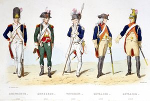 Uniforme militar durante la revolución de 1789: granadero (1789), cazador (1789), veterano (1789), jinete (1789), jinete (1793) - en “Fasttes de Gardes nationales de France”