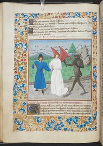 Miniatura de un hombre con un ángel de la guarda y un diablo Sloane MS 3049 f. 27, c. 1480 (vitela)