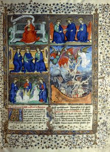 Miniatura que representa el Reino de los Cielos antes de la creación: Sapientia, la Trinidad y la Expulsión de Lucifer del Cielo, c.1410
