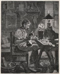 Aplicación moderna por un zapatero de la Pila Vitrea. Globo de vidrio lleno de agua para ser colocado entre una persona y el objeto que contemplan para agrandarlo y hacerlo más visible. Grabado de 1885 en "Les arts et metiers illustres" por A de French School