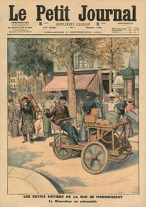 Modernización de los trabajos callejeros, el afilador en su coche, ilustración de 