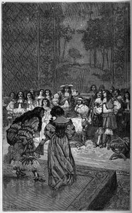 Molière y su compañía actuando ante el Rey Luis XIV y el Cardenal Jules Mazarin (Giulio Raimondo Mazzarino) (1602-1661). Grabado en “El Mundo Ilustre” 1886. de French School