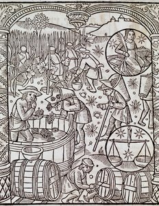 Mes de la cosecha, con signos del zodiaco Virgo y Libra, grabado de Le grand calendrier des bergers, Francia de French School