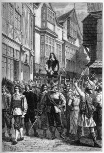 Montrose fue llevado a la cárcel en un carro - James Graham (1612-1650), Marqués de Montrose general escocés exhibido en la High Street de Edimburgo, en 1650 - grabado de “L