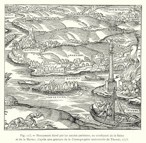 Monumento erigido por los navegantes parisinos, en la confluencia del Sena y el Marne; según un grabado de la Cosmografía universal de Thevet; 1575
