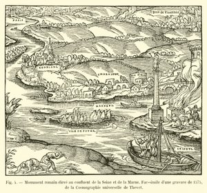 Monumento romano erigido en la confluencia del Sena y el Marne, facsímil de un grabado de 1575, de la Cosmografía universal de Thevet de French School