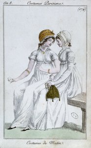 Vestido de mañana, lámina de moda de Costumes Parisiens, 1800 de French School