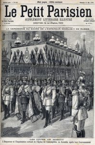 Celebraciones en Moscú: el Emperador Nicolás II de Rusia (1868 -1918) y la Emperatriz Alexandra Fiodorovna Romanova (1872-1918) saliendo de la Iglesia de la Asunción en el Kremlin de Moscú después de su coronación el 14 de mayo de French School