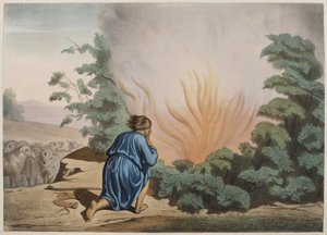 Moisés y la zarza ardiente, ilustración de un catecismo L